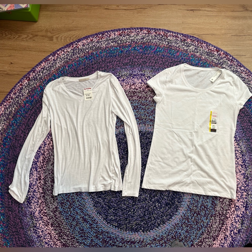 Two new: Active Basic White V-Neck Top plus No Boundaries White Round Neck Top